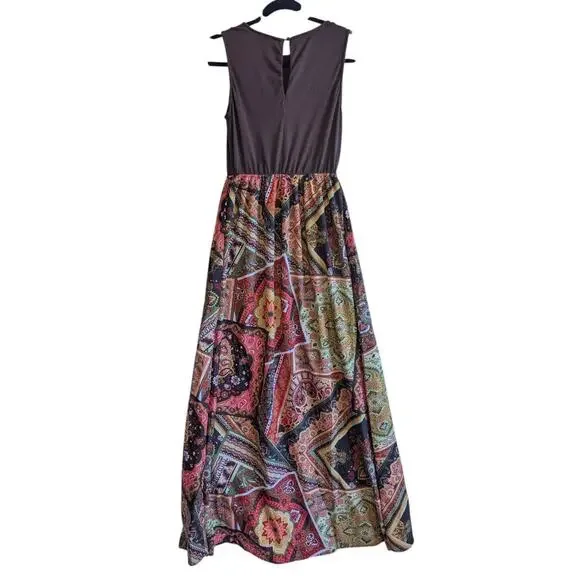 New York & Company Sleeveless Maxi Dress '60s Patchwork Pattern Hippie Brown - Picture 2 of 5